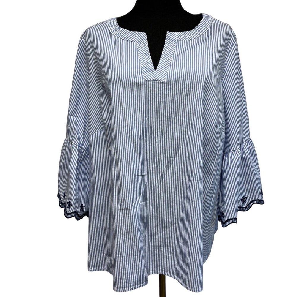 Rafaella Cotton Top Size 1X Embroidered Nautical Stipe French Blue Cottagecore
